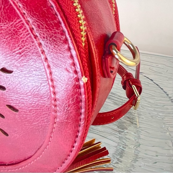 Red Round Crossbody Bag Purse with Cutout Design & Tassel Detail - Picture 8 of 13